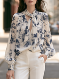 Floral Tie-Neck Balloon-Sleeve Blouse