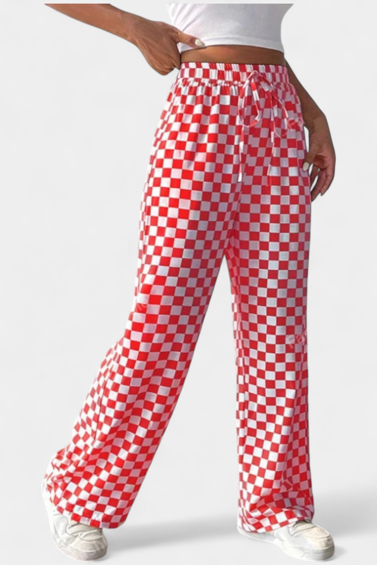 Hilaria Pantalones de Pierna Ancha con Estampado a Cuadros
