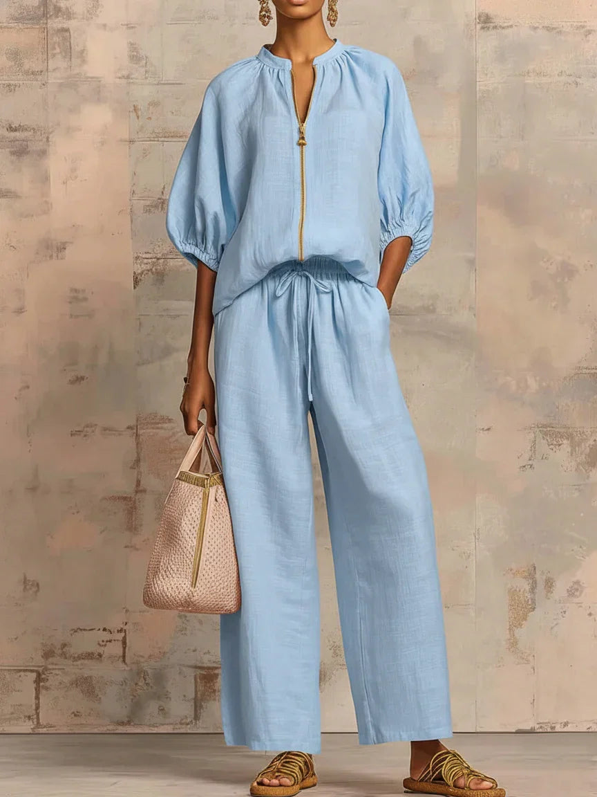 Conjunto Alba™ | Conjunto de lino con mangas murciélago y pantalón ancho