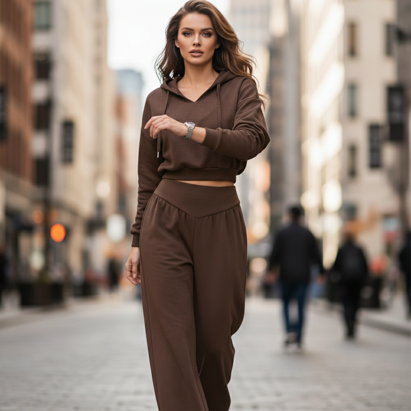 Veronica- Conjunto de sudadera corta con capucha y pantalones anchos